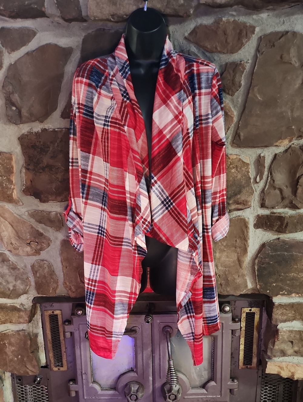 New York Laundry Red Plaid Open-Front Cardigan with Navy Accents